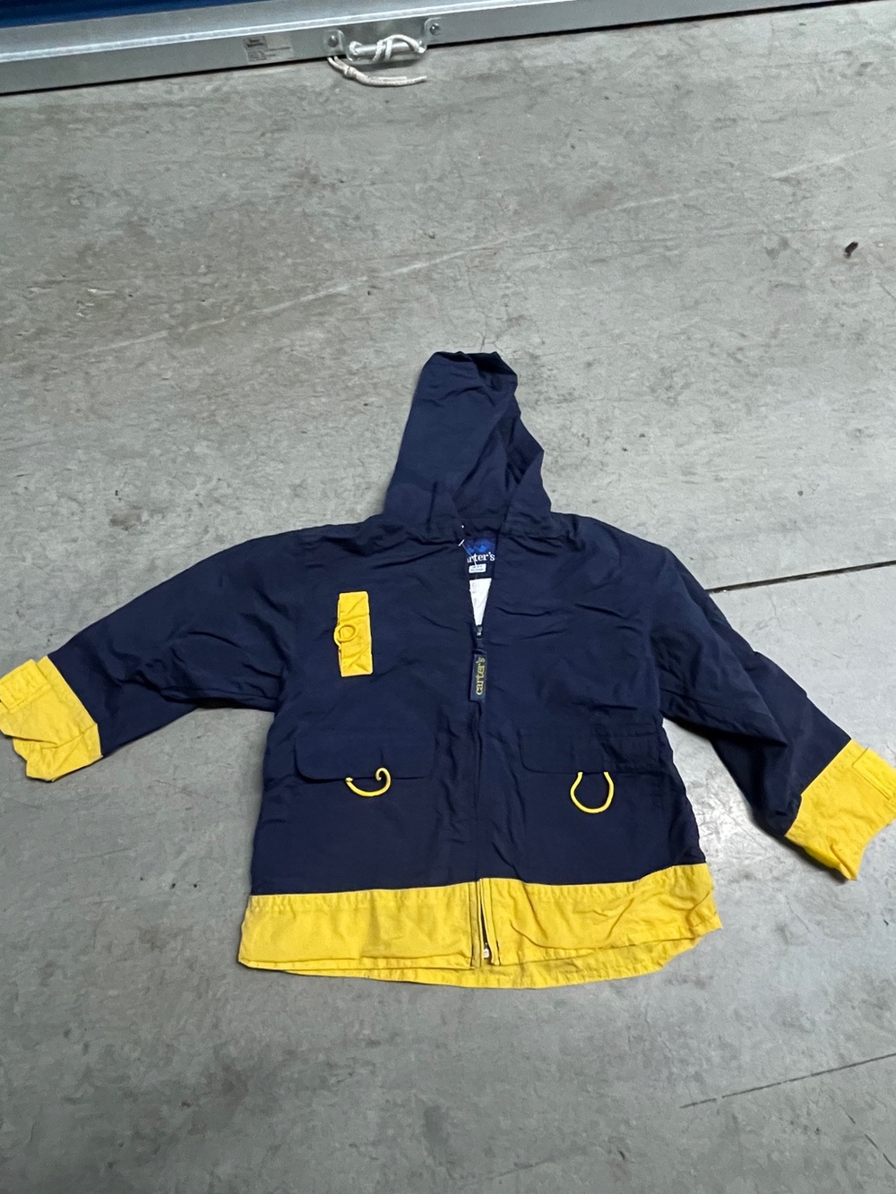 Vintage Carter's Navy and Yellow Hooded Kids Raincoat Sz 3T